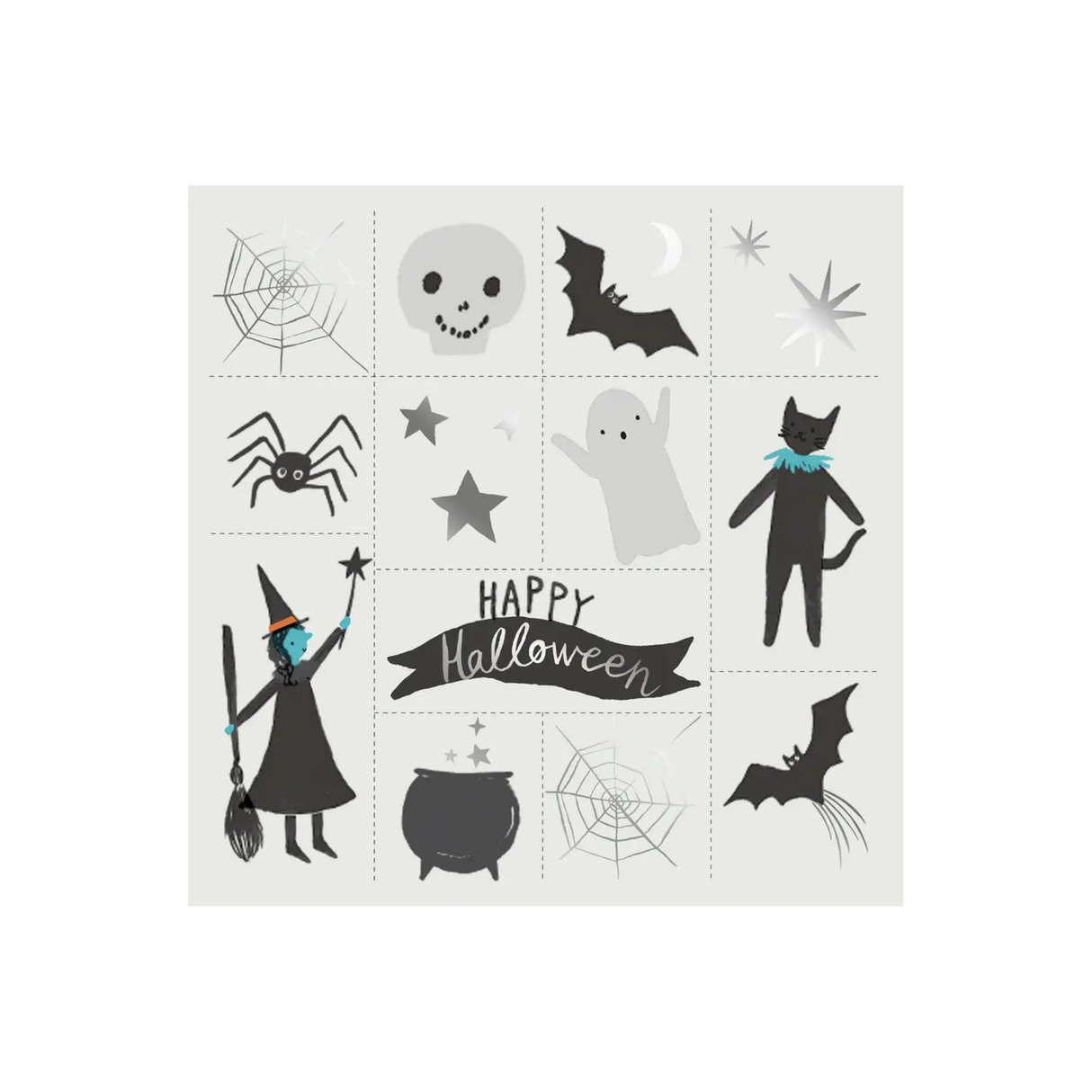 Set of Halloween-themed stickers including a witch, ghosts, bats, and a cauldron on a white background.