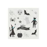 Set of Halloween-themed stickers including a witch, ghosts, bats, and a cauldron on a white background.