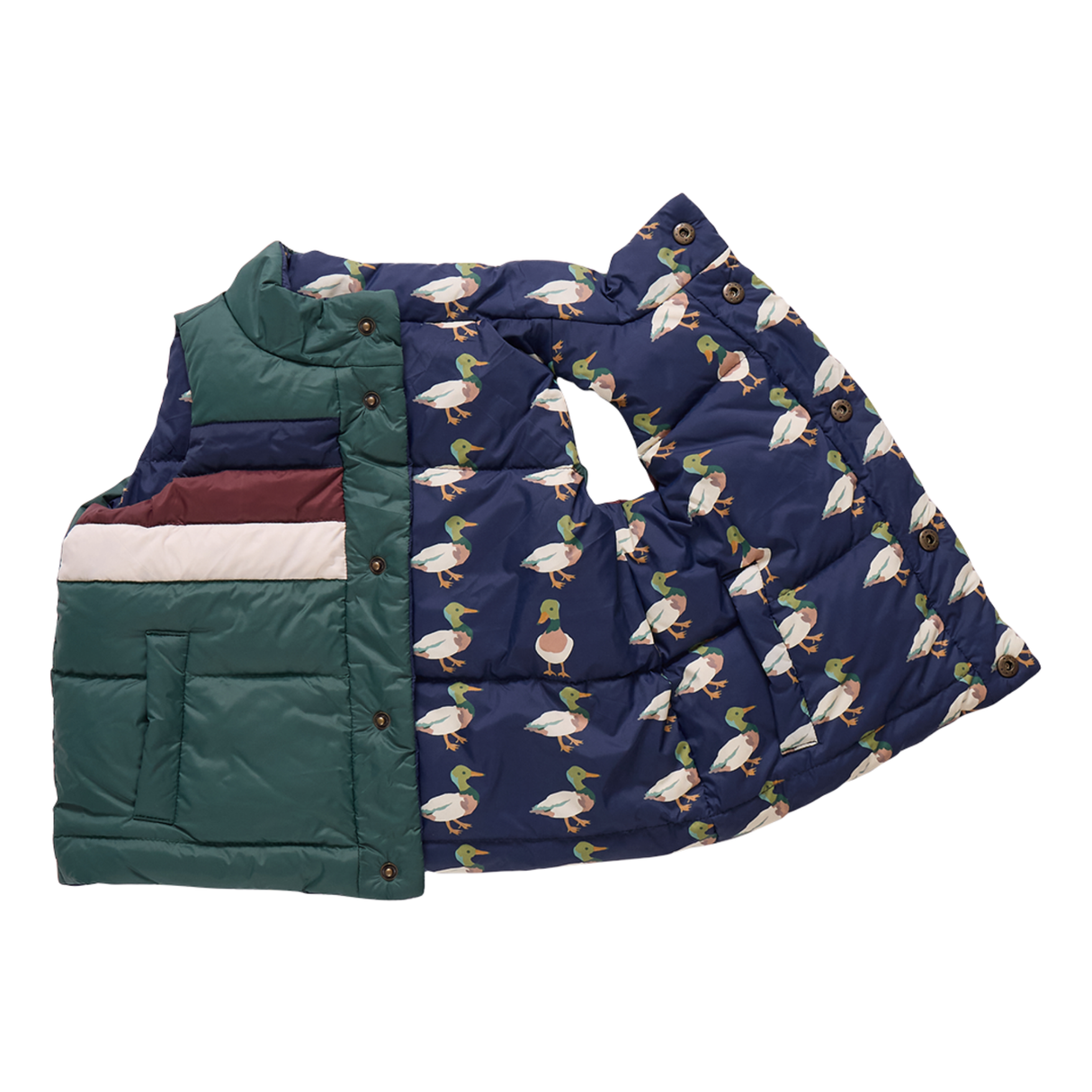 Green quilted vest with a navy blue patterned coverall on a white background