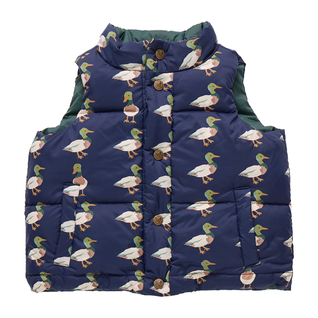 Navy blue puffer vest with duck pattern on a white background