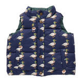 Navy blue puffer vest with duck pattern on a white background