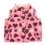 Pink puffer vest with heart pattern on a white background