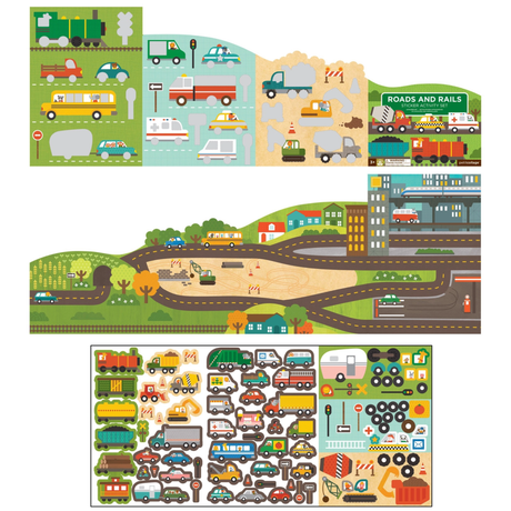 Children's educational play mat with roads, vehicles, and traffic signs.