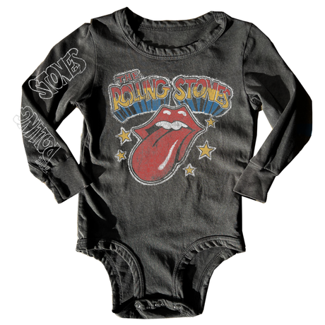 Black baby onesie with Rolling Stones logo on a white background