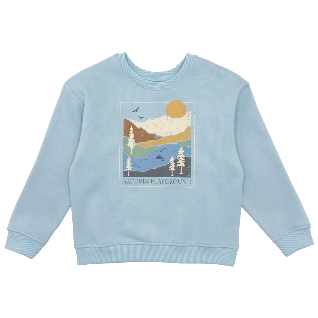 light blue crewneck with scenic graphic on white background