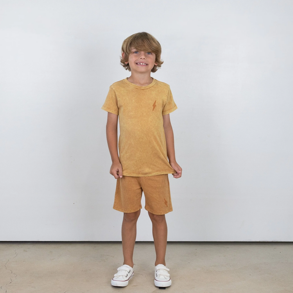 a little boy wearing Sequoia Sweatshorts in Mineral Rust