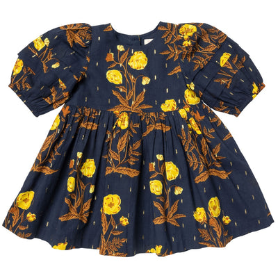 navy dress with yellow flowers