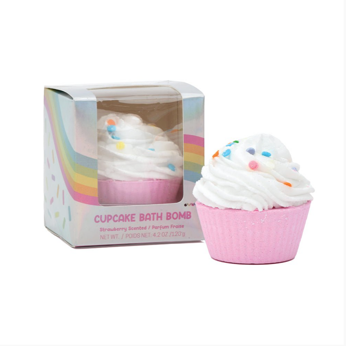 Cupcake-shaped bath bomb with pink base and white frosting, displayed in a clear box with rainbow design.