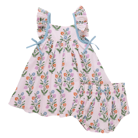 Baby Ailee Dress Set - Pink Dewdrop Block Print