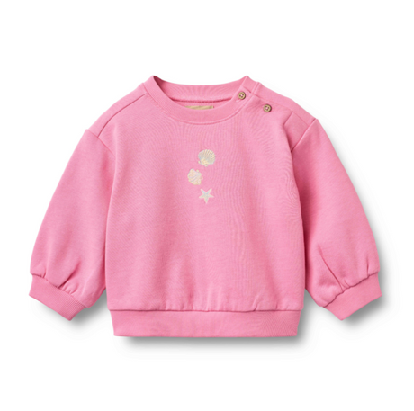 Pink baby sweater with shell designs on a white background