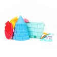 Colorful sand mold set with a bucket on a white background