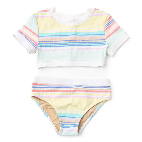 Ribbed Cropped Short Sleeve Two Piece in Surfer Stripe