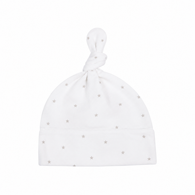 Mini Stars Top-Knot Receiving Hat in Pale Whisper