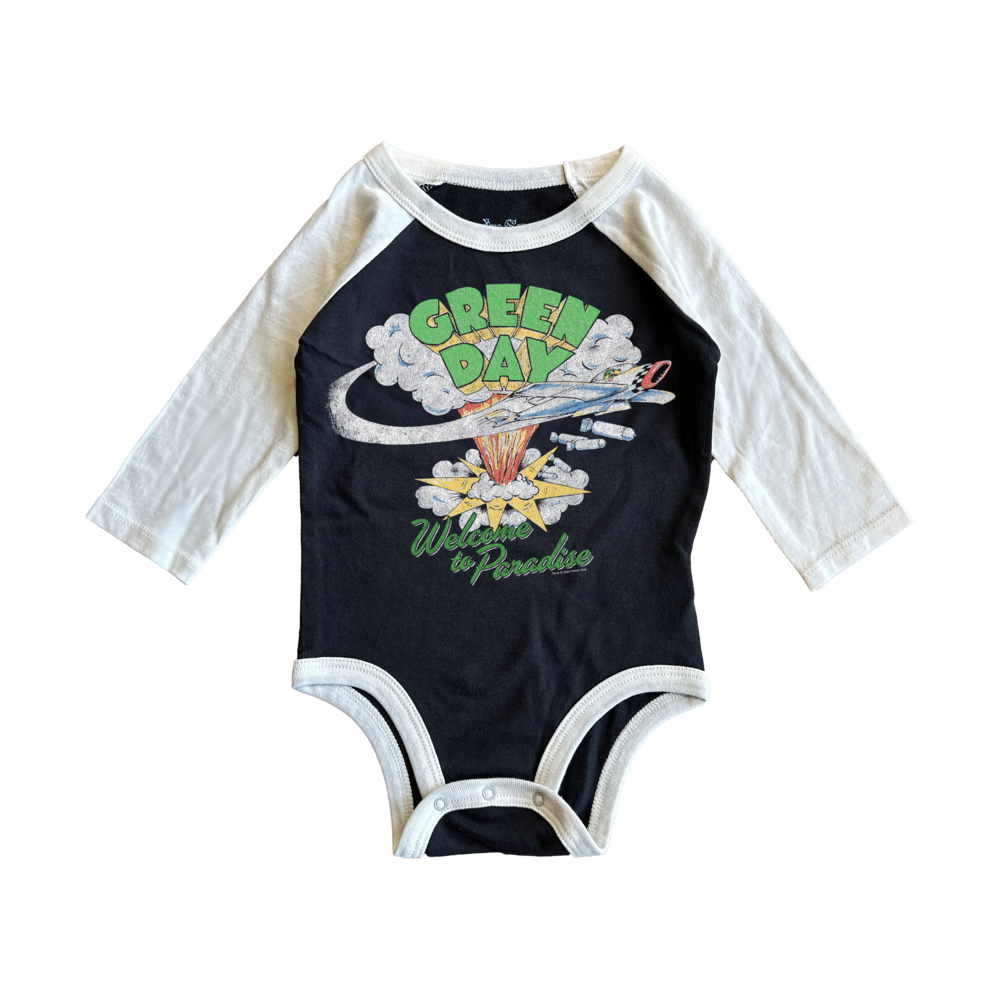 Green Day Welcome to Paradise Recycled Raglan Onesie in Vintage Black / Vintage White