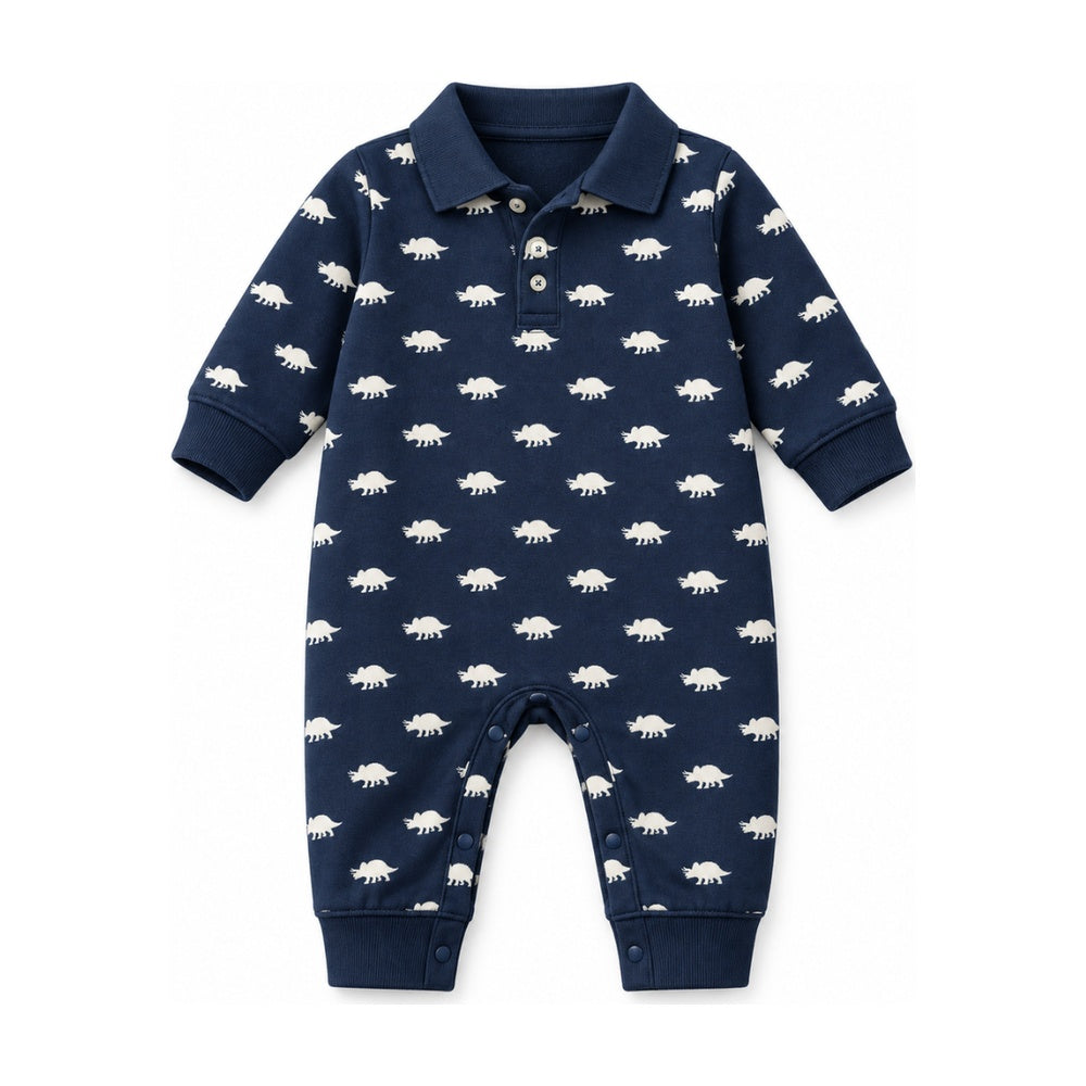 Baby Classic French Terry Polo Romper in Navy/White Dino