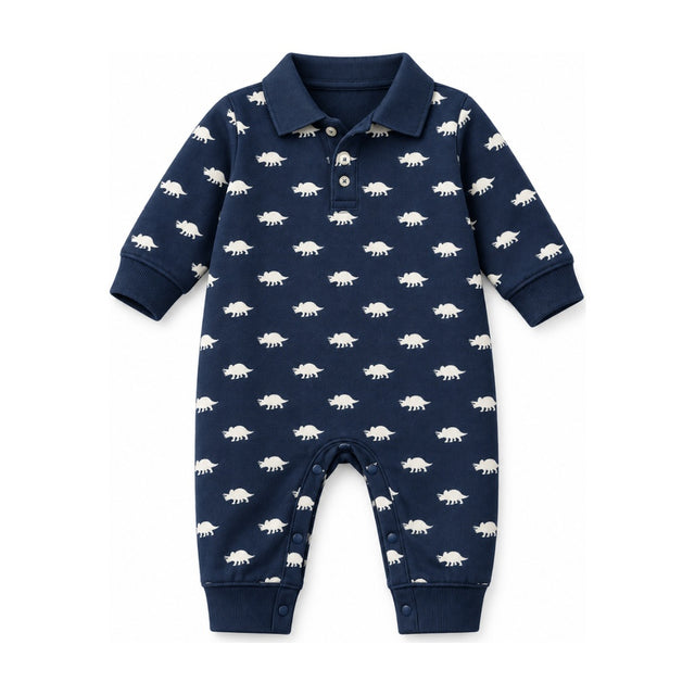 Baby Classic French Terry Polo Romper in Navy/White Dino