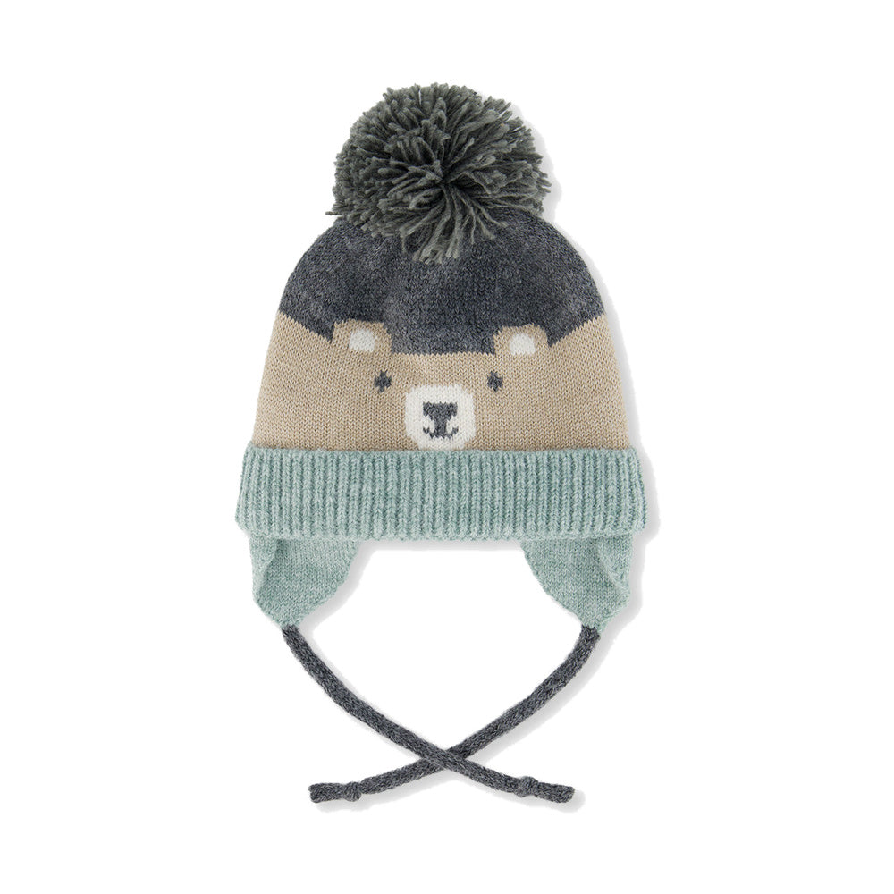 Earflap Pom Pom Knit Hat in Jacquard Bear Face