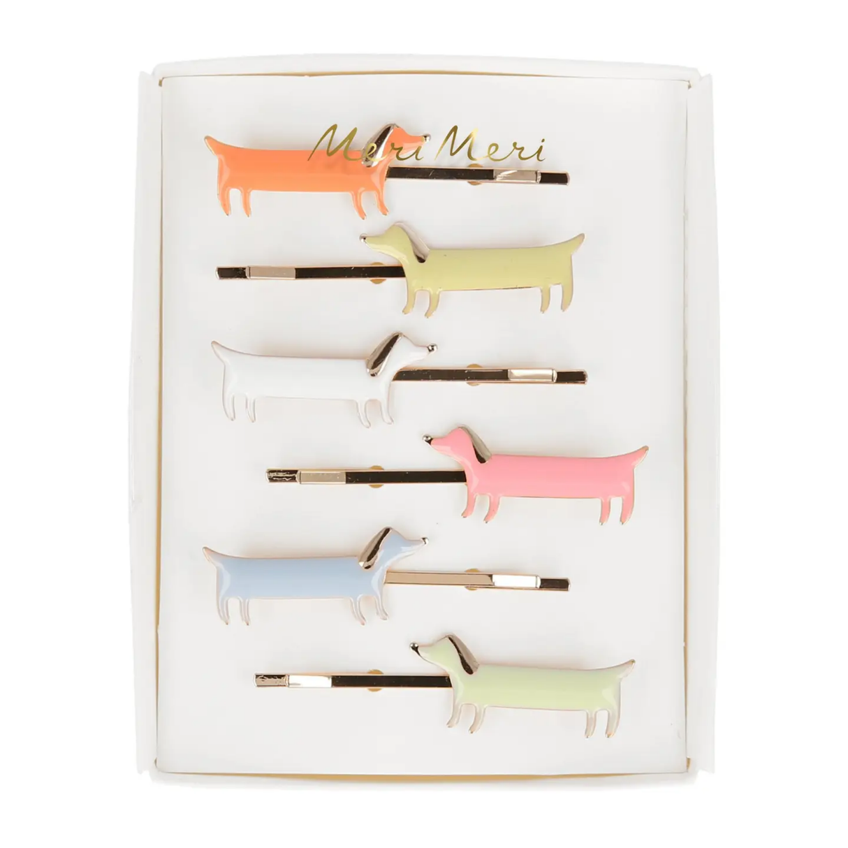 Set of colorful dachshund-shaped hair clips on a branded card