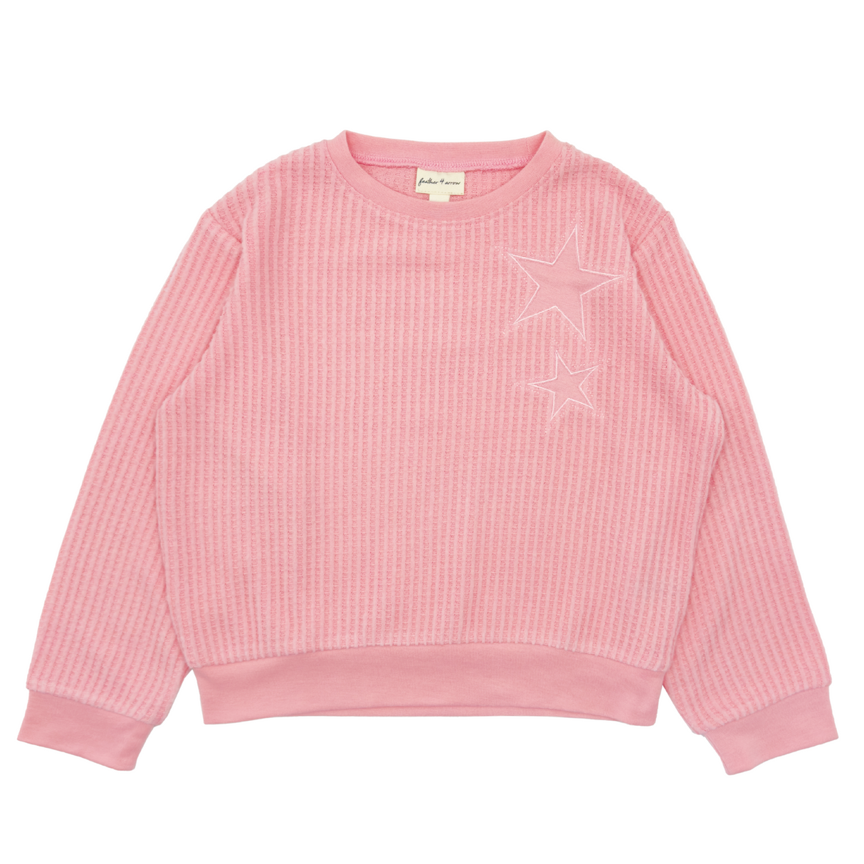 pink thermal top with starts on the left shoulder on a white background