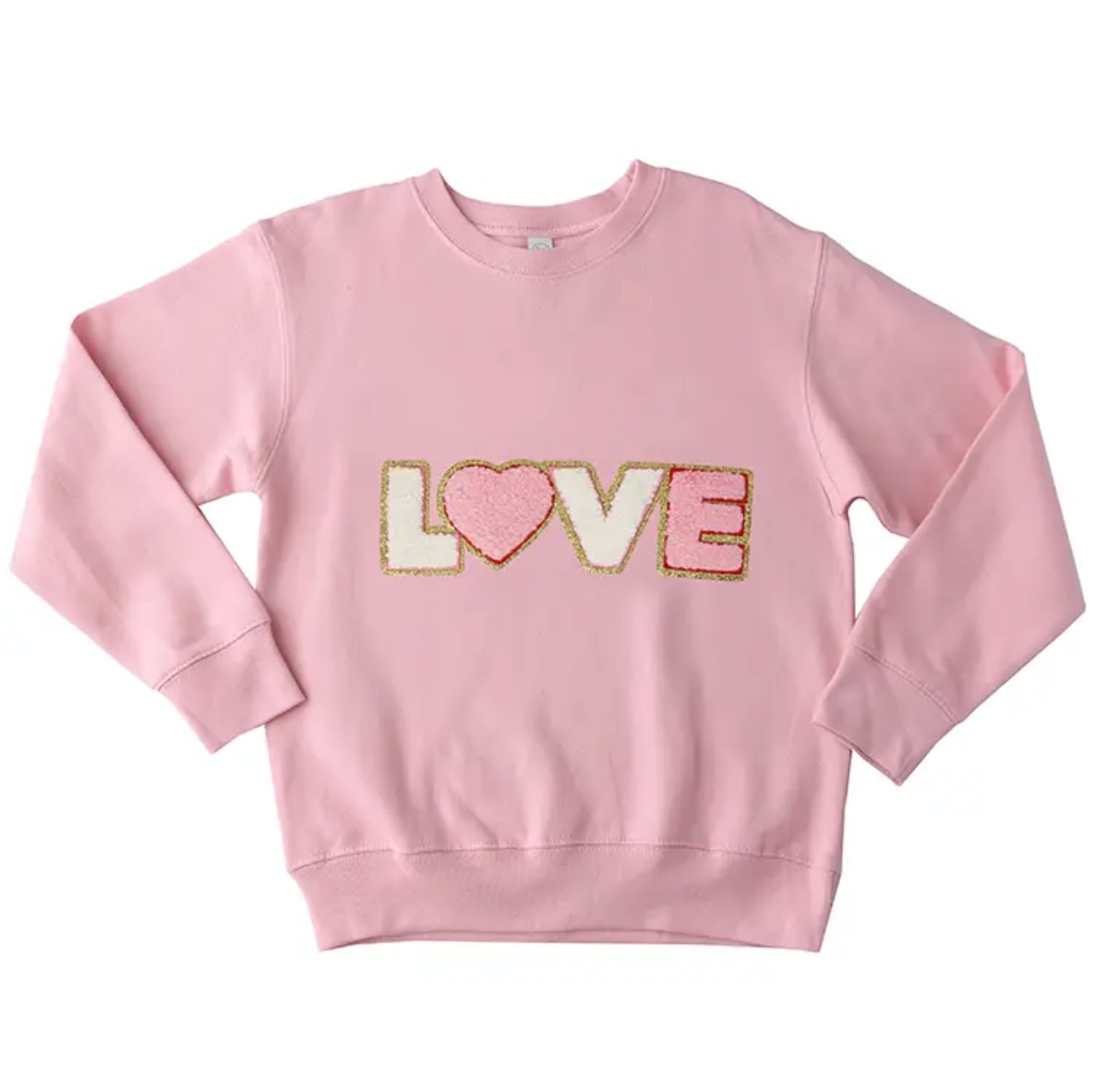 Pink sweatshirt with 'LOVE' in colorful sequins on a white background