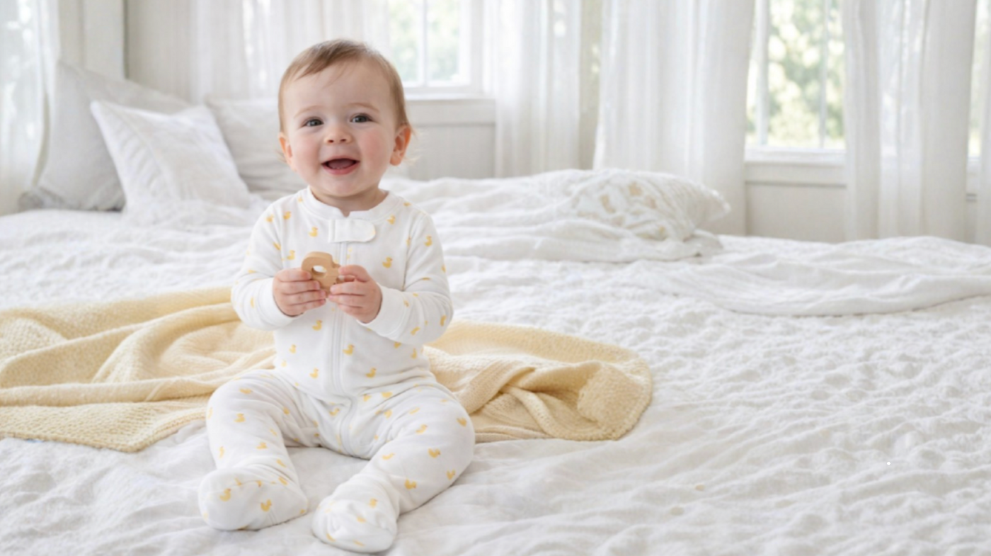 BABY ON A BED IN HER OUTFITI