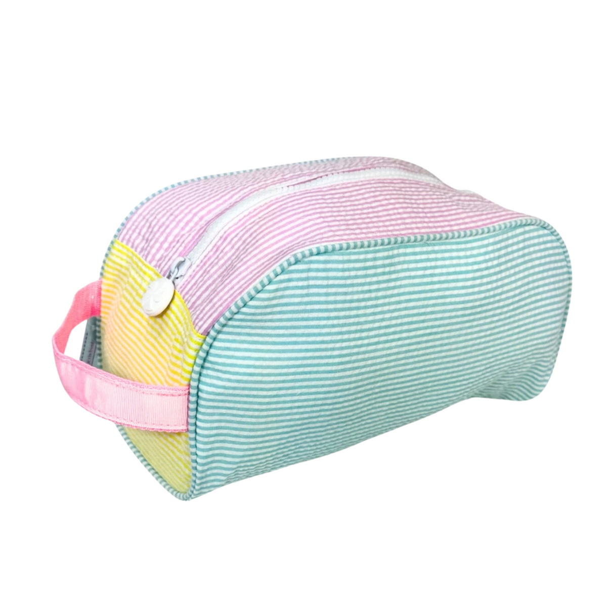 Multicolored striped toiletry bag on a white background