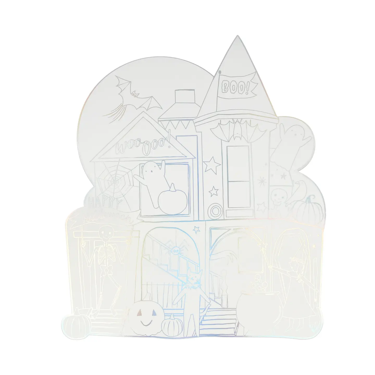 Iridescent house-shaped object with cut-out windows and doors on a white background