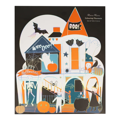 Halloween-themed placemat with various characters and elements on a black background