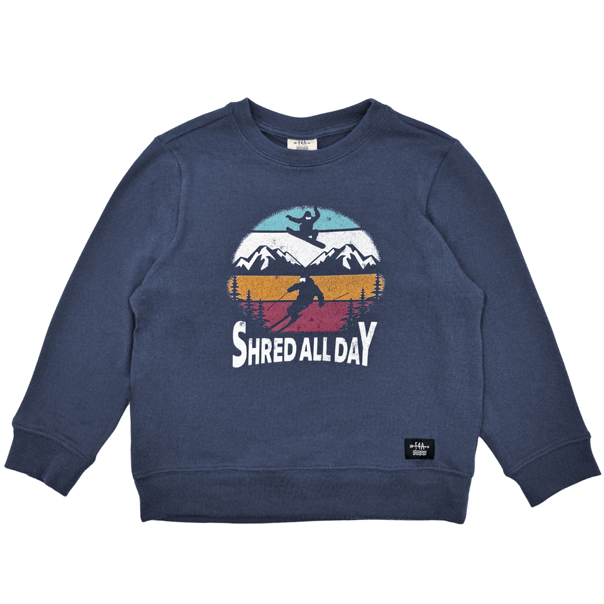 navy blue crew neck with ski graphic on white background 