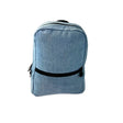 Blue denim backpack with a black strap on a white background