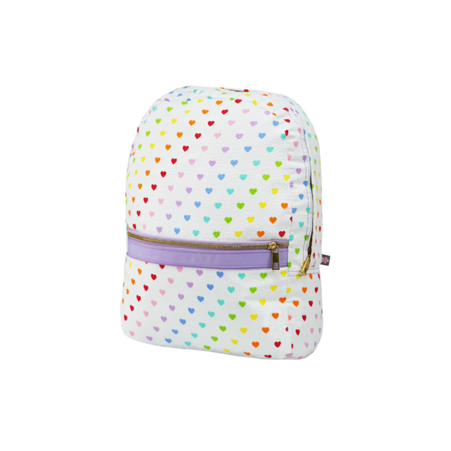 Backpack with colorful heart pattern and purple zipper on a white background