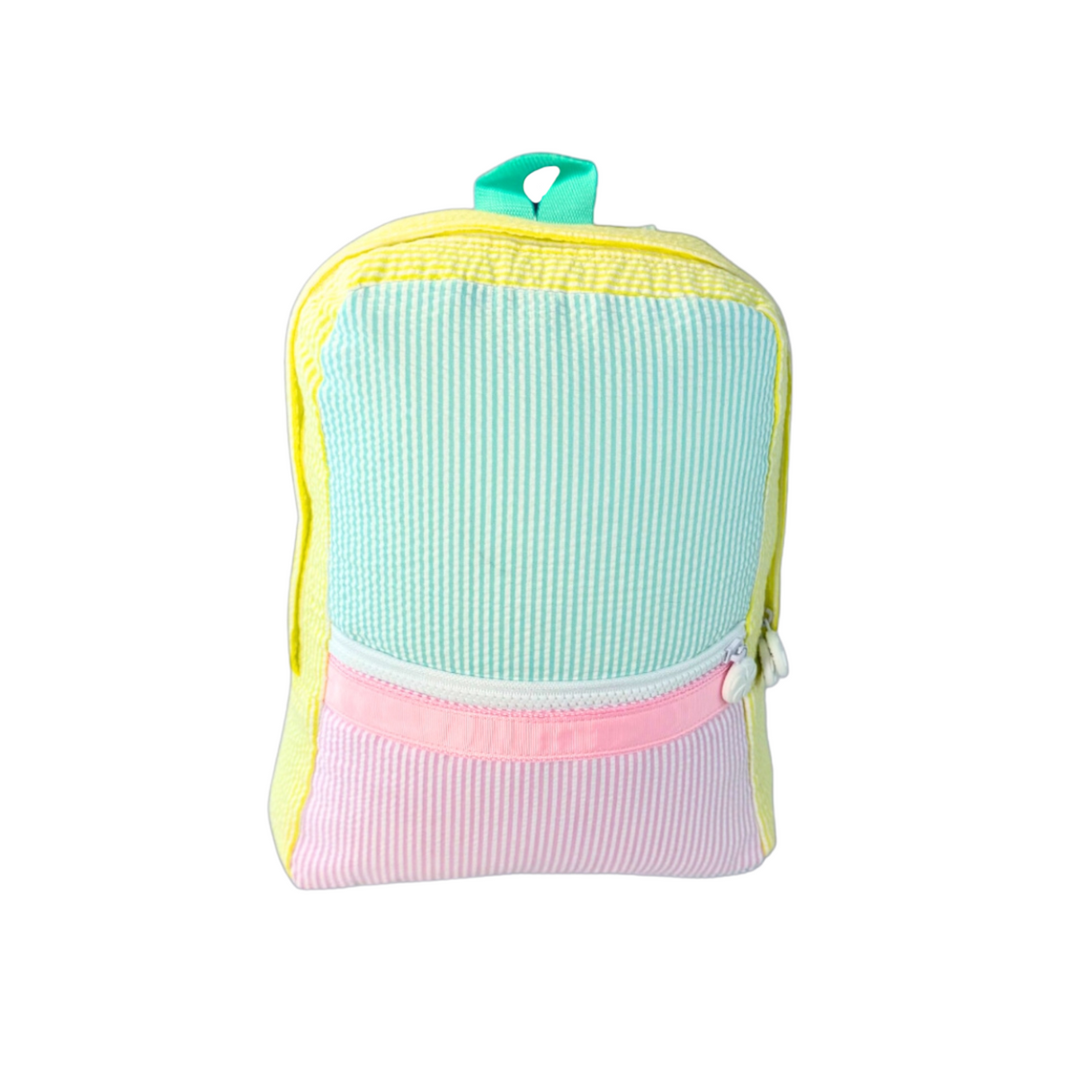 Colorful striped pouch with a pink base on a white background
