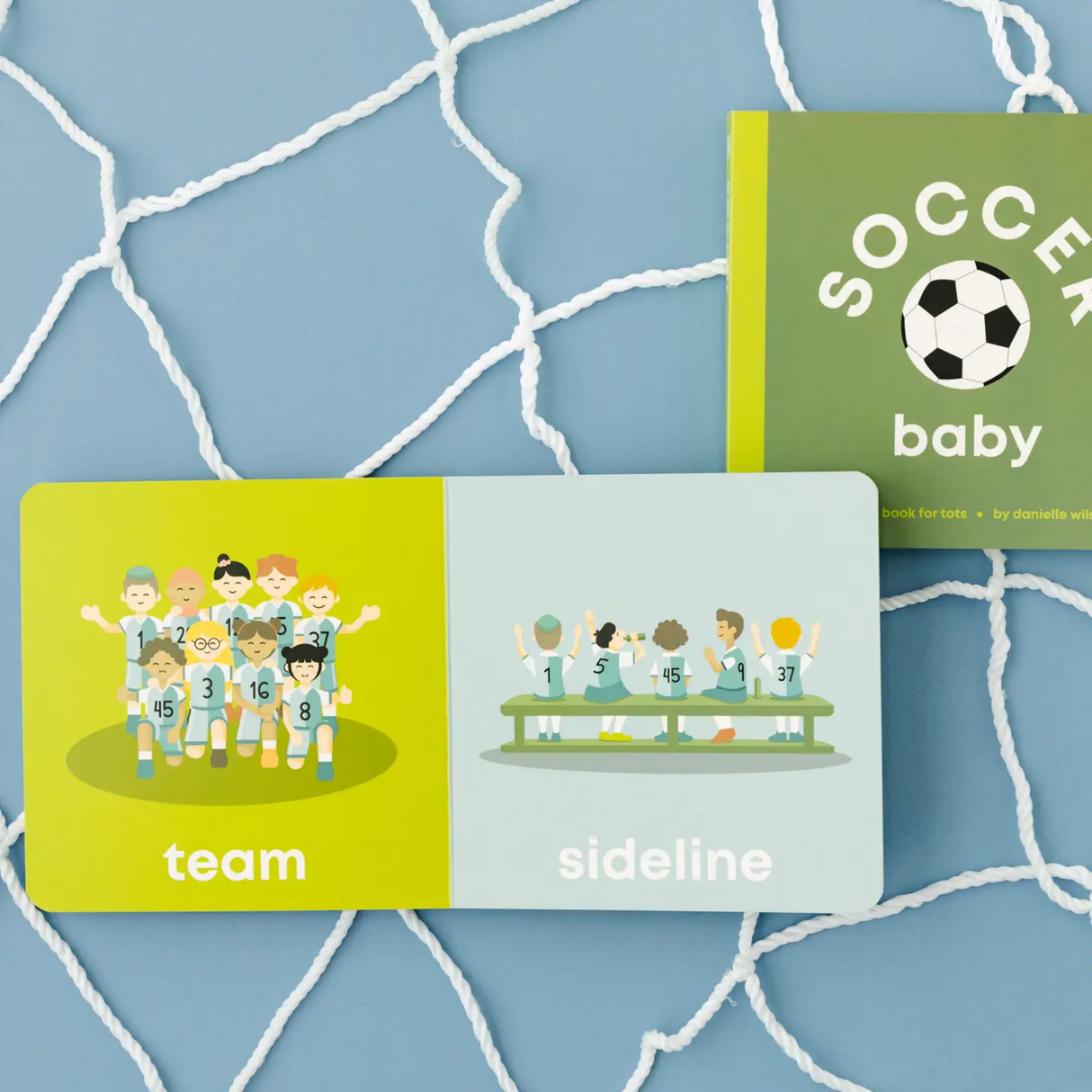 Two children's books titled 'Team' and 'Sideline' on a blue textured background with soccer-themed illustrations.