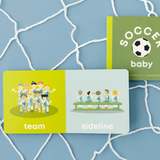 Two children's books titled 'Team' and 'Sideline' on a blue textured background with soccer-themed illustrations.