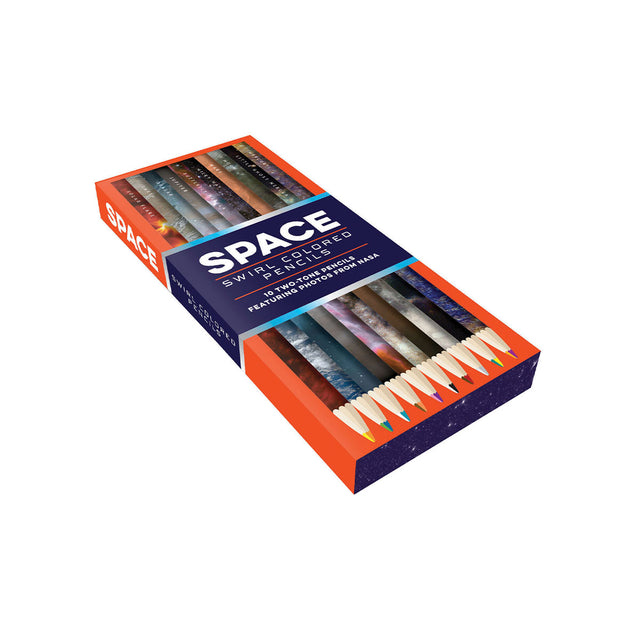 Box of Space-themed colored pencils on a white background