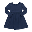Navy blue dress with long sleeves on a white background