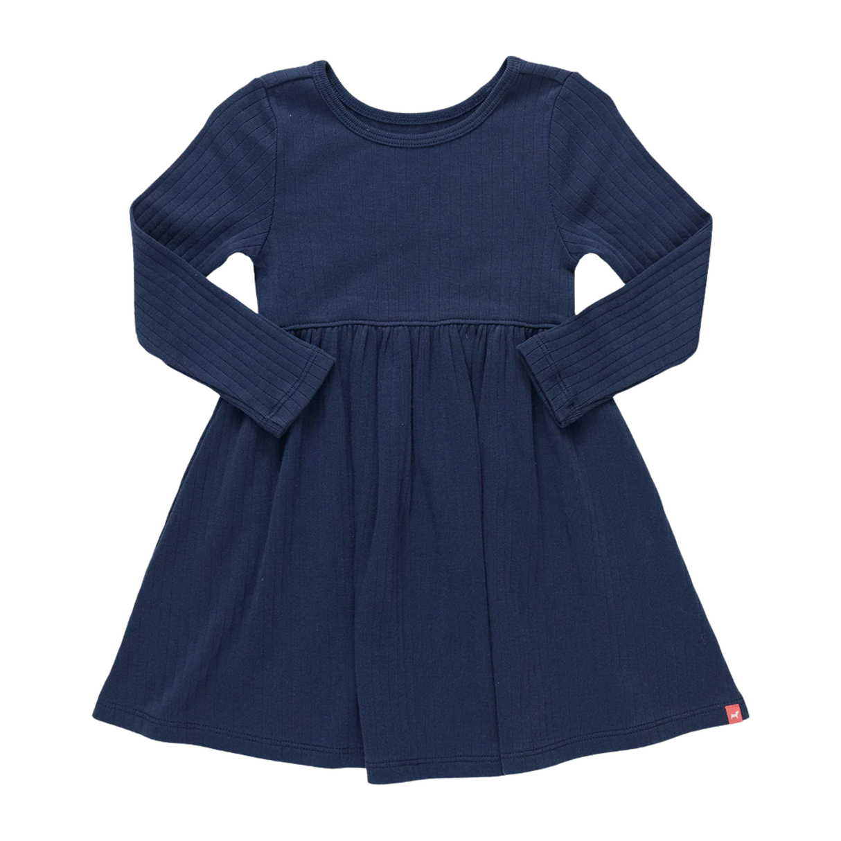 Navy blue dress with long sleeves on a white background