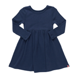 Navy blue dress with long sleeves on a white background
