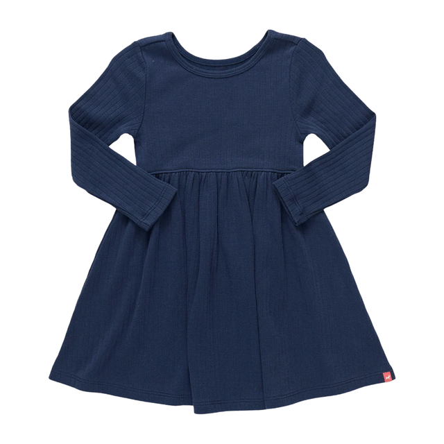 Navy blue dress with long sleeves on a white background