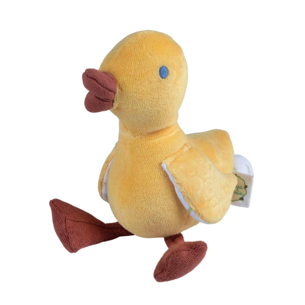 Yellow duck plush toy with a white tag on a white background