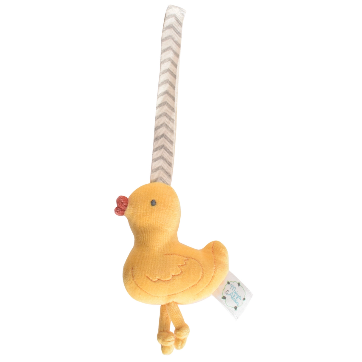 Plush chicken toy with a striped handle on a white background