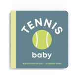 Book titled 'Tennis Baby' with a tennis ball illustration on a blue background
