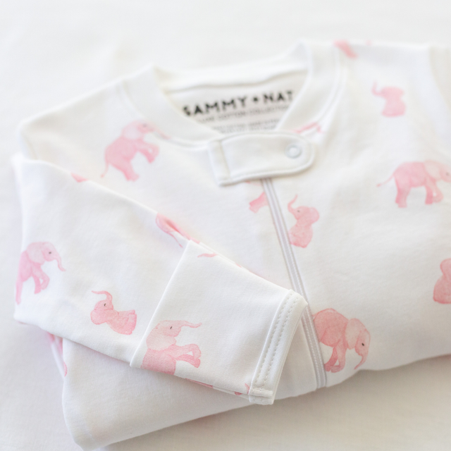 Tiny Elephant Zipper Romper in Pink details