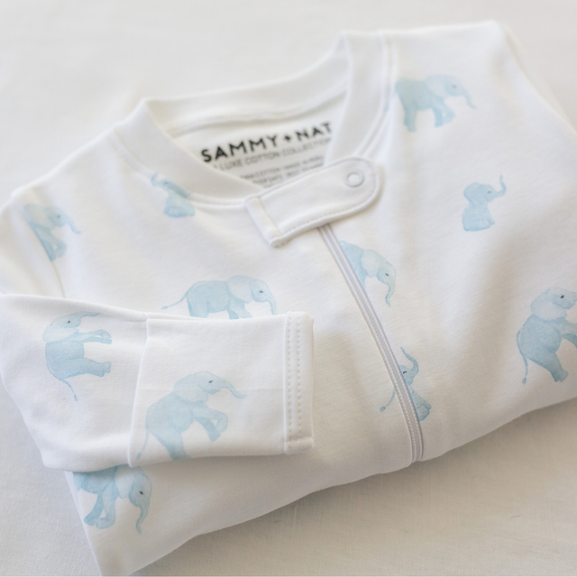Tiny Elephant Zipper Romper in Blue details