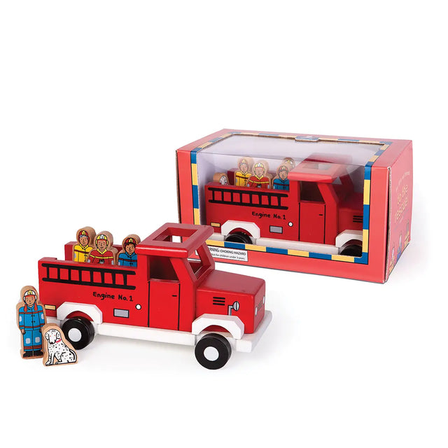 Red fire truck and fire truck toy box on white background