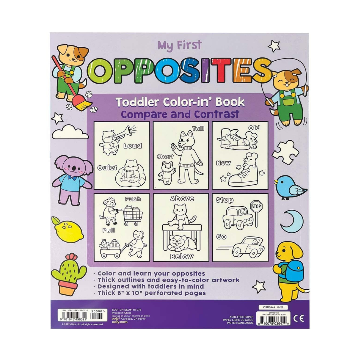 Coloring book titled 'My First Opposites' for toddlers with illustrations and text on a purple background.