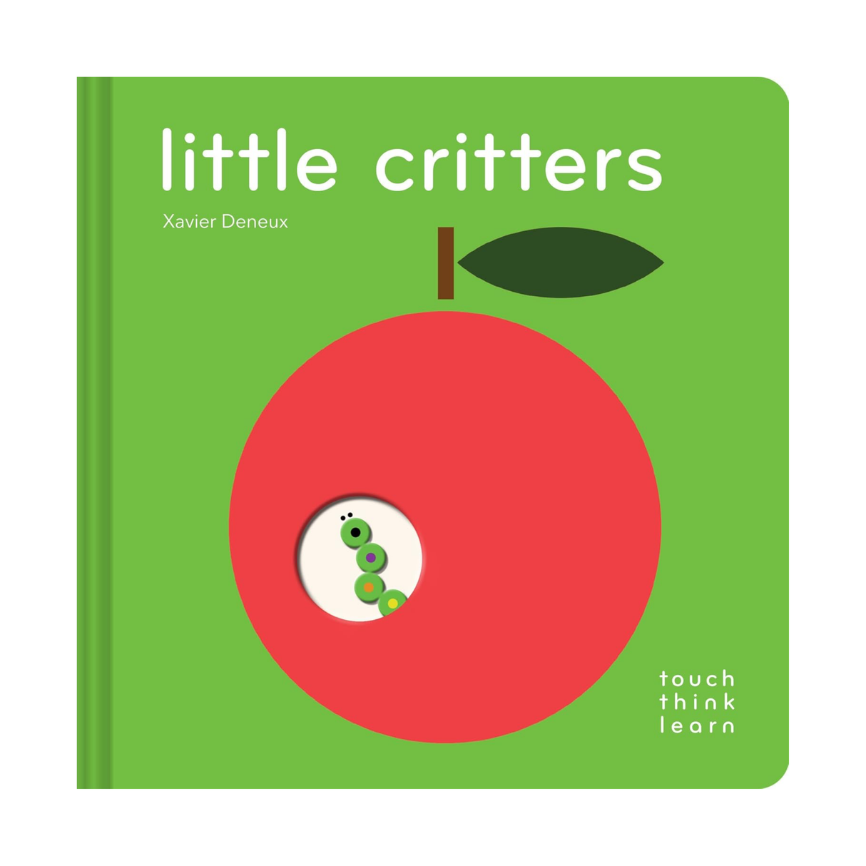 Green book with red apple on white background