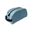 Blue toiletry bag with a black zipper on a white background