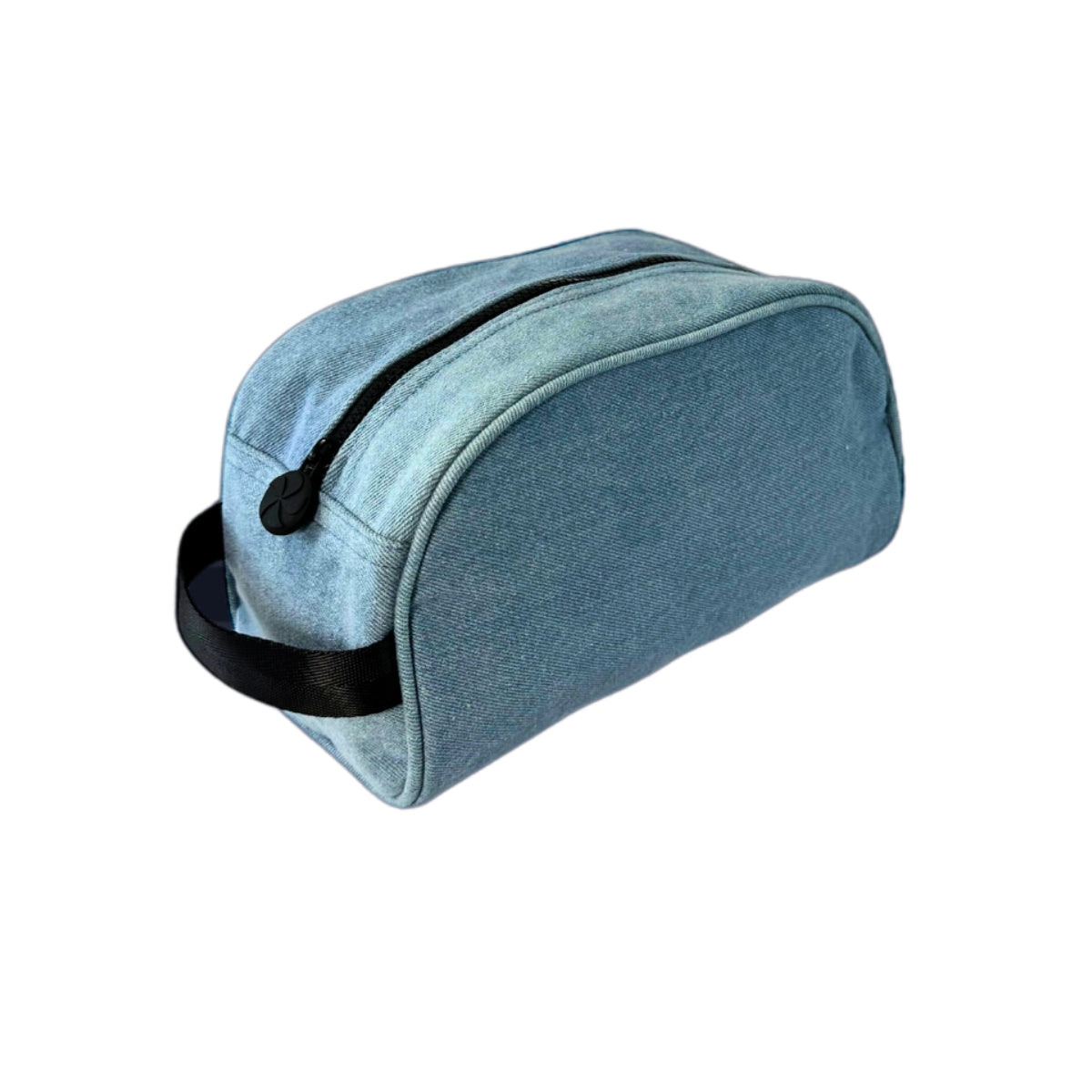 Blue toiletry bag with a black zipper on a white background