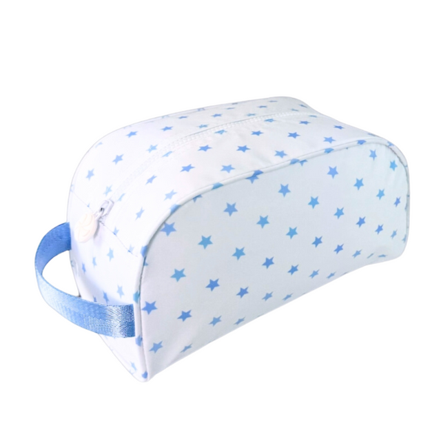 Baby head support pillow with blue star pattern on a white background